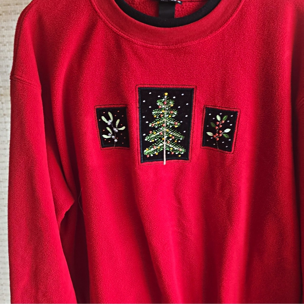 Trilogy by Morning Sun Women's M Red Fleece Crewneck Pullover Embroidered Xmas